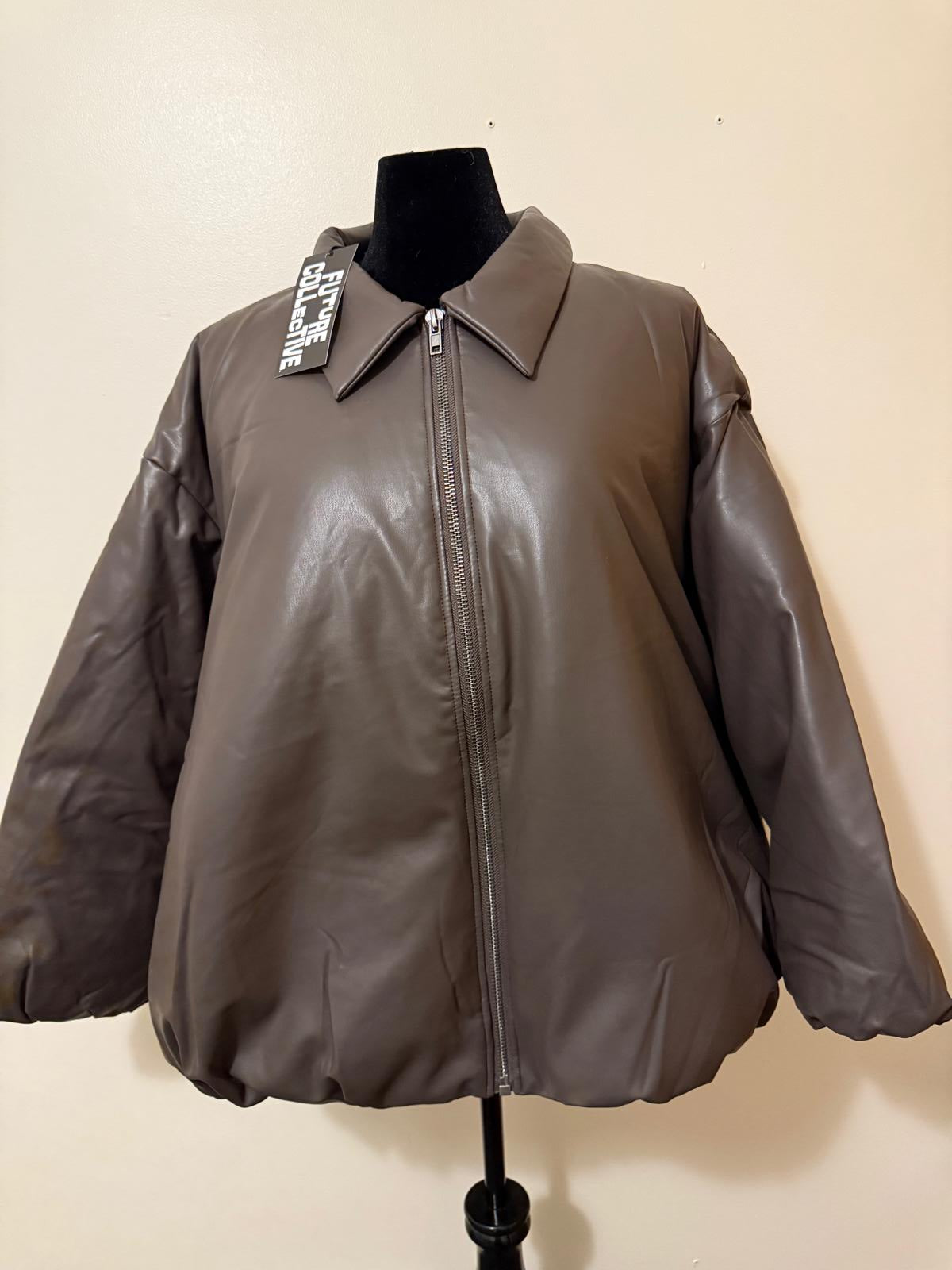 Brown Faux Leather Bomber Length Jacket for Women 3X