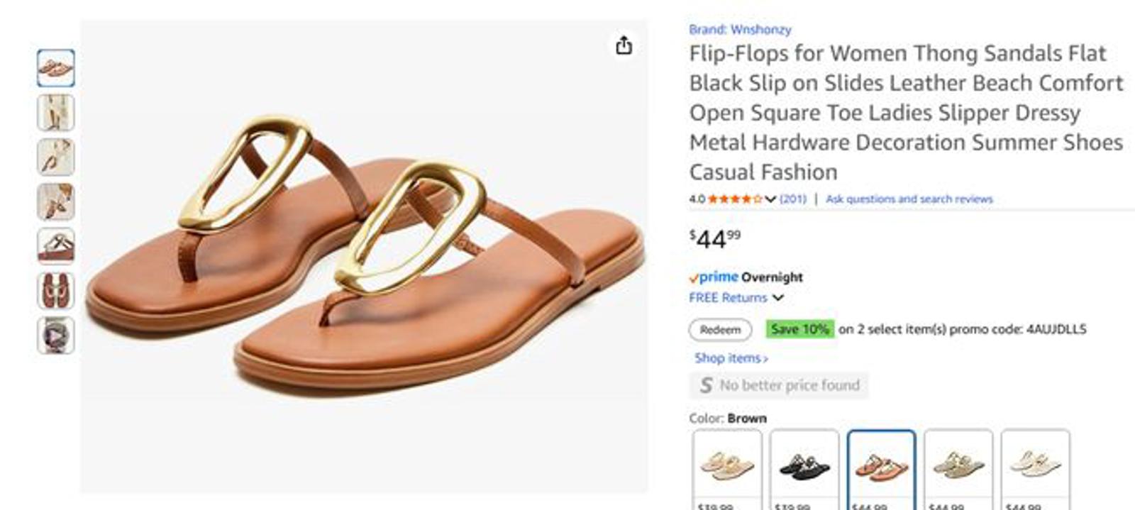 Flip Flop Sandals, Flat, Leather with Metal Decoration, 9.5