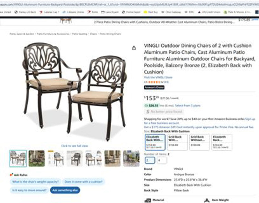 Set of 2 Outdoor Aluminum Dining Chairs with Cushion, Bronze