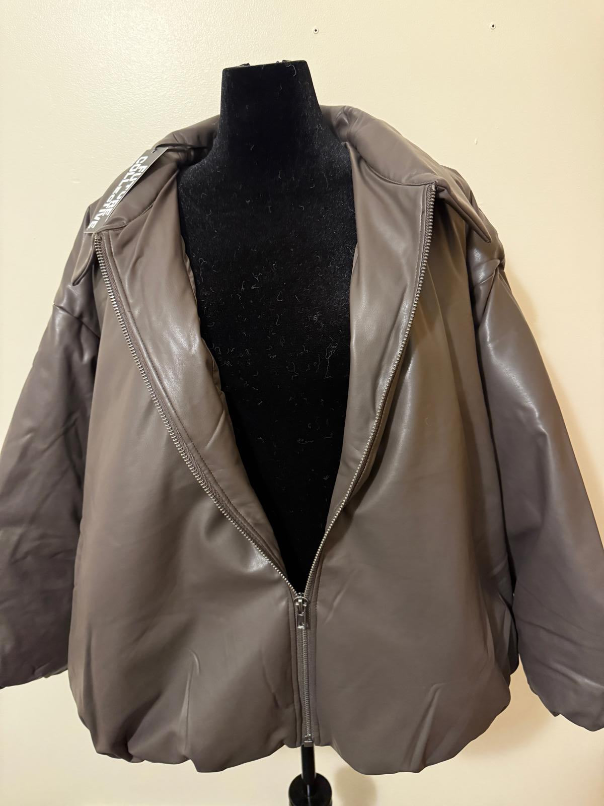 Brown Faux Leather Bomber Length Jacket for Women 3X