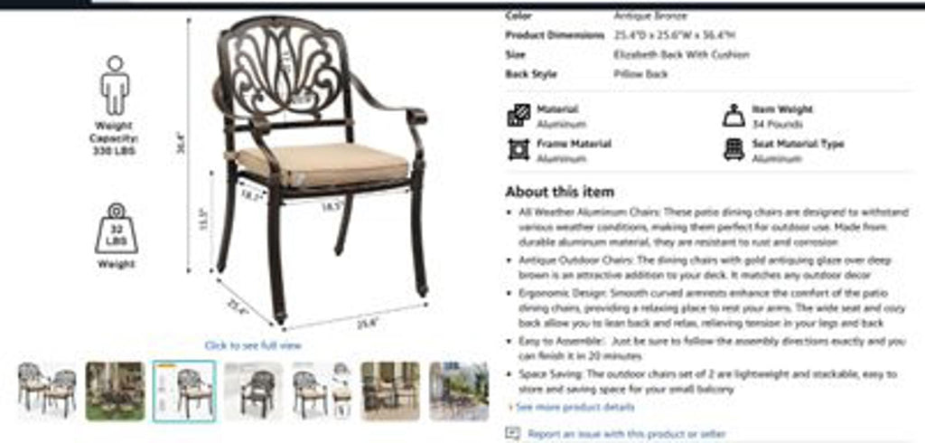 Set of 2 Outdoor Aluminum Dining Chairs with Cushion, Bronze