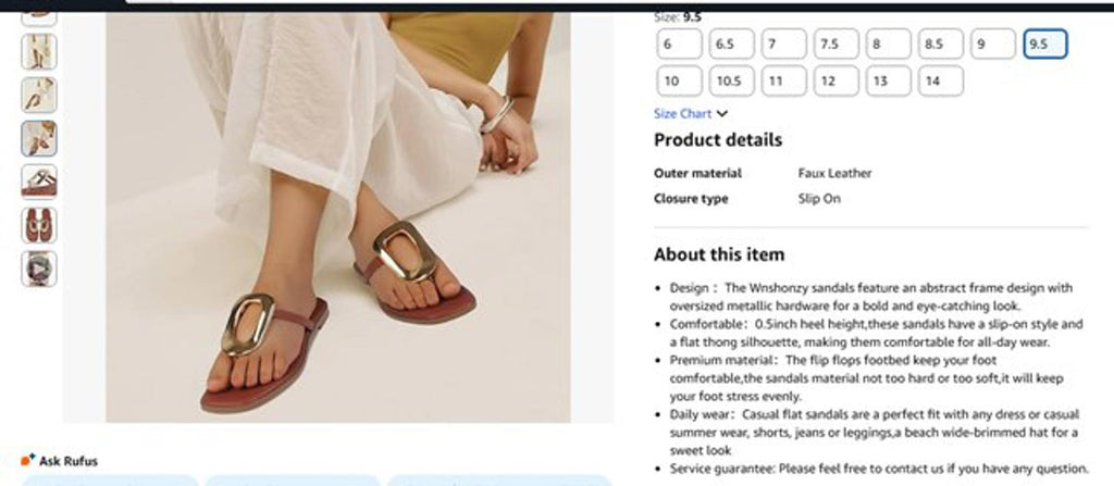 Flip Flop Sandals, Flat, Leather with Metal Decoration, 9.5