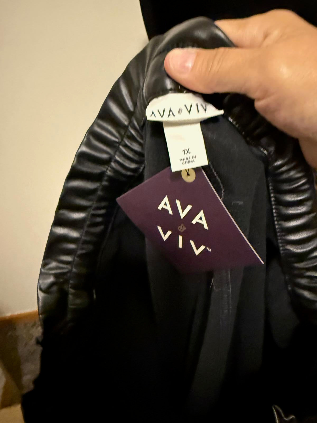 AVA & VIV Black Faux Leather Midi Skirt with Elastic Waist 1X